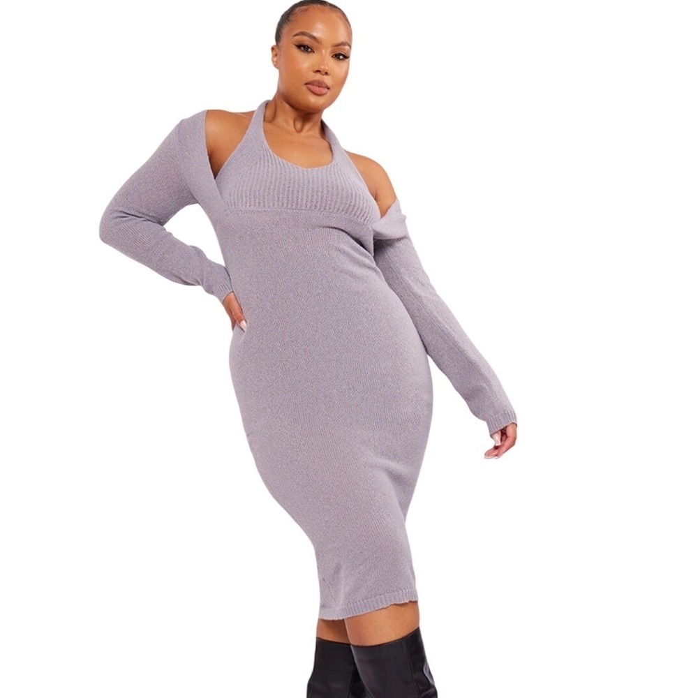 PRETTYLITTLETHING PLUS Grey Ribbed Knit Halter Neck Midi Size‎ XXXL NEW